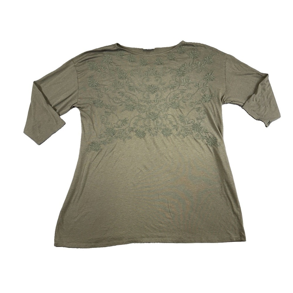 J.Jill Olive Green Embroidered Floral Pullover Shirt Size L Preppy Office Mature